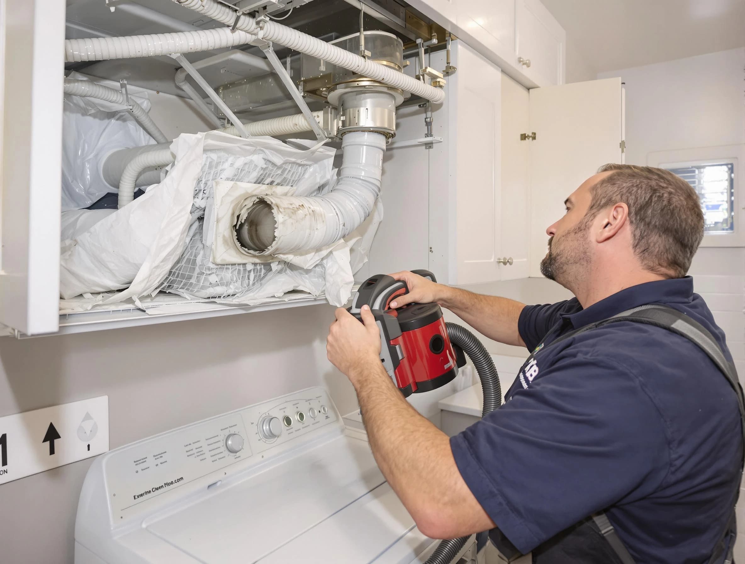 Lake Forest Dryer Vent Cleaning technician performing professional exhaust vent cleaning at a residential property in Lake Forest