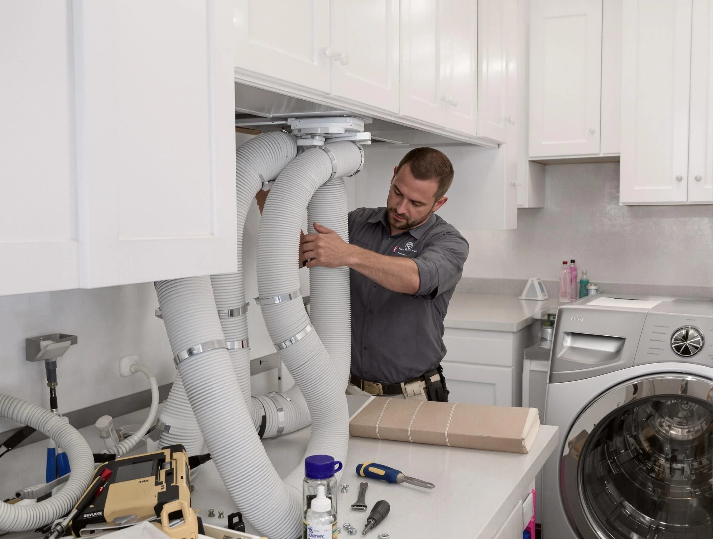 Lake Forest Dryer Vent Cleaning technician installing a new professional-grade dryer vent hose in Lake Forest
