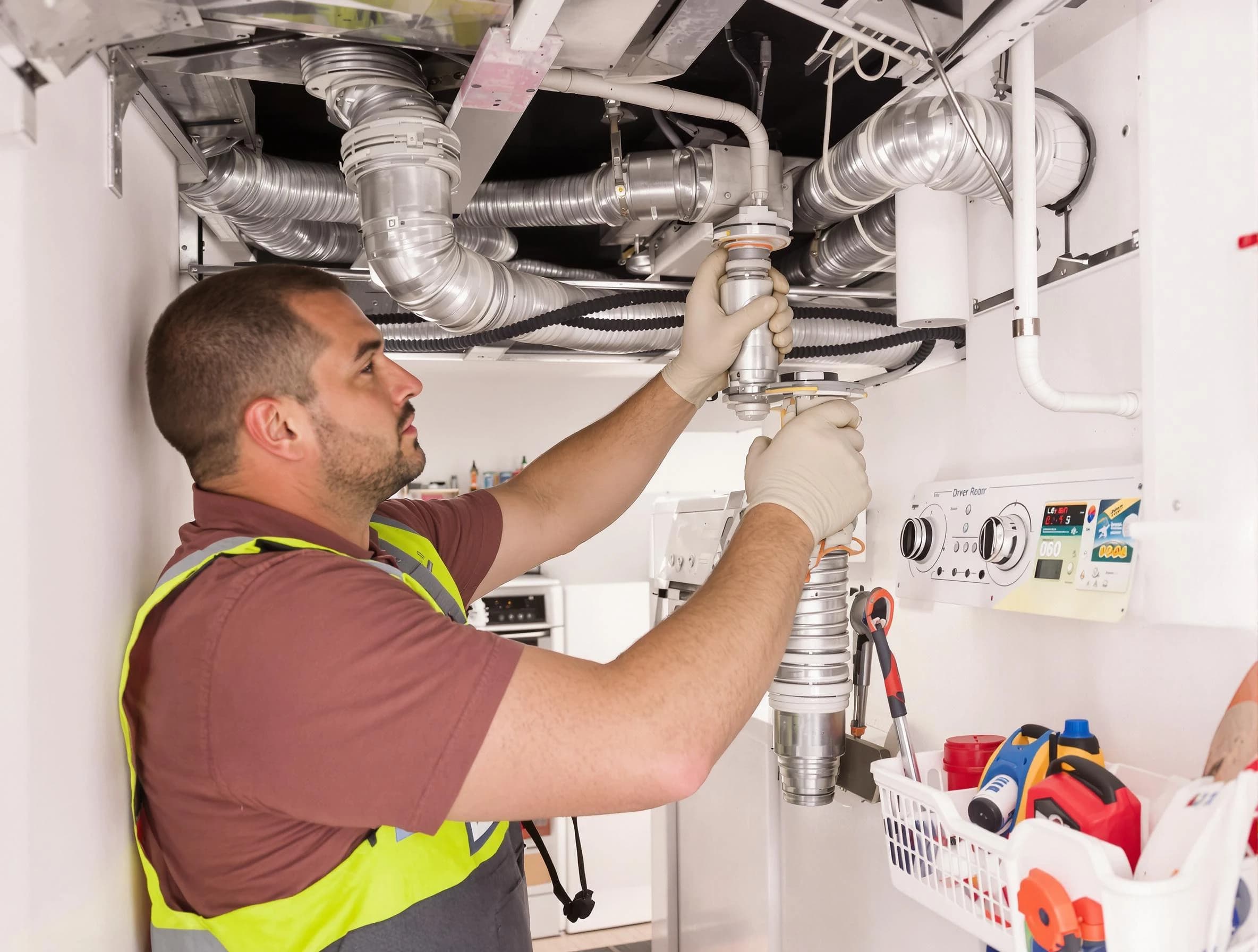 Lake Forest Dryer Vent Cleaning expert performing both repair and installation work on a dryer vent system in Lake Forest