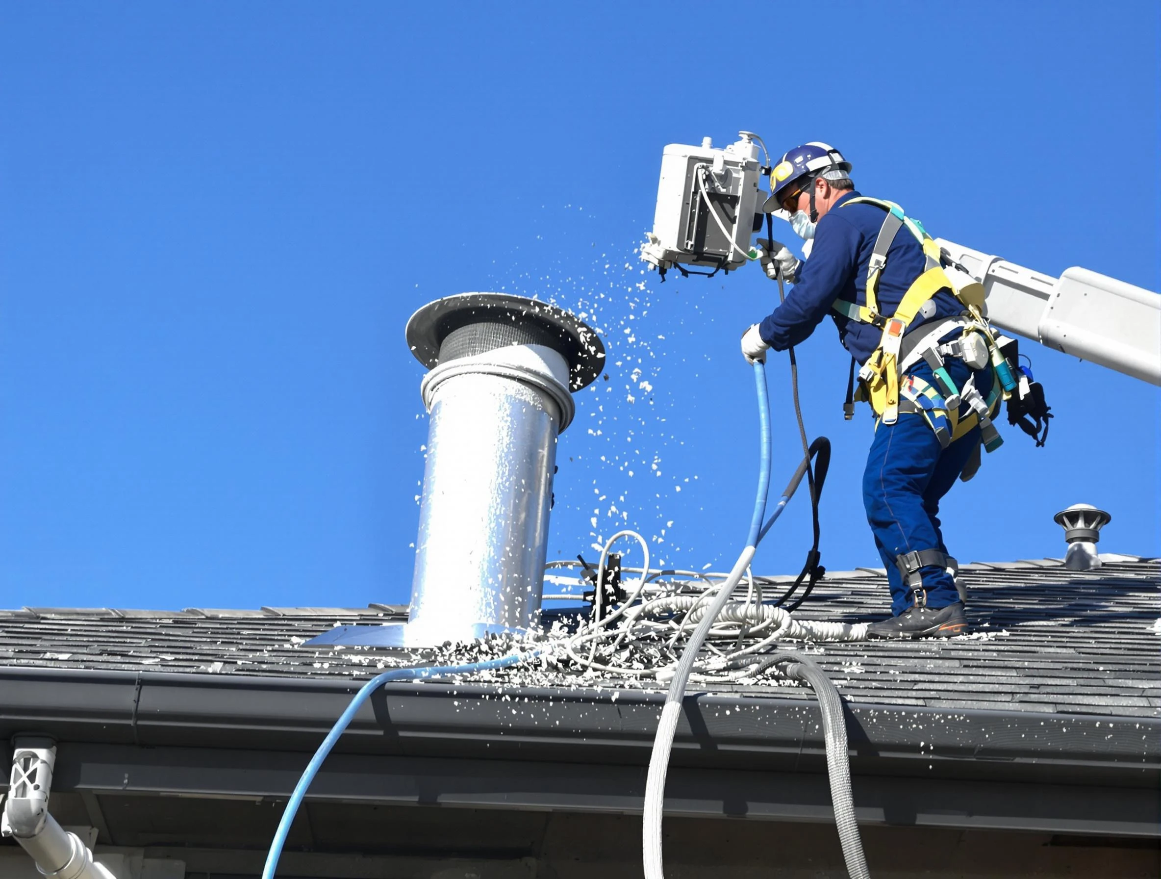 Lake Forest Dryer Vent Cleaning certified technician safely cleaning a roof-mounted dryer vent in Lake Forest