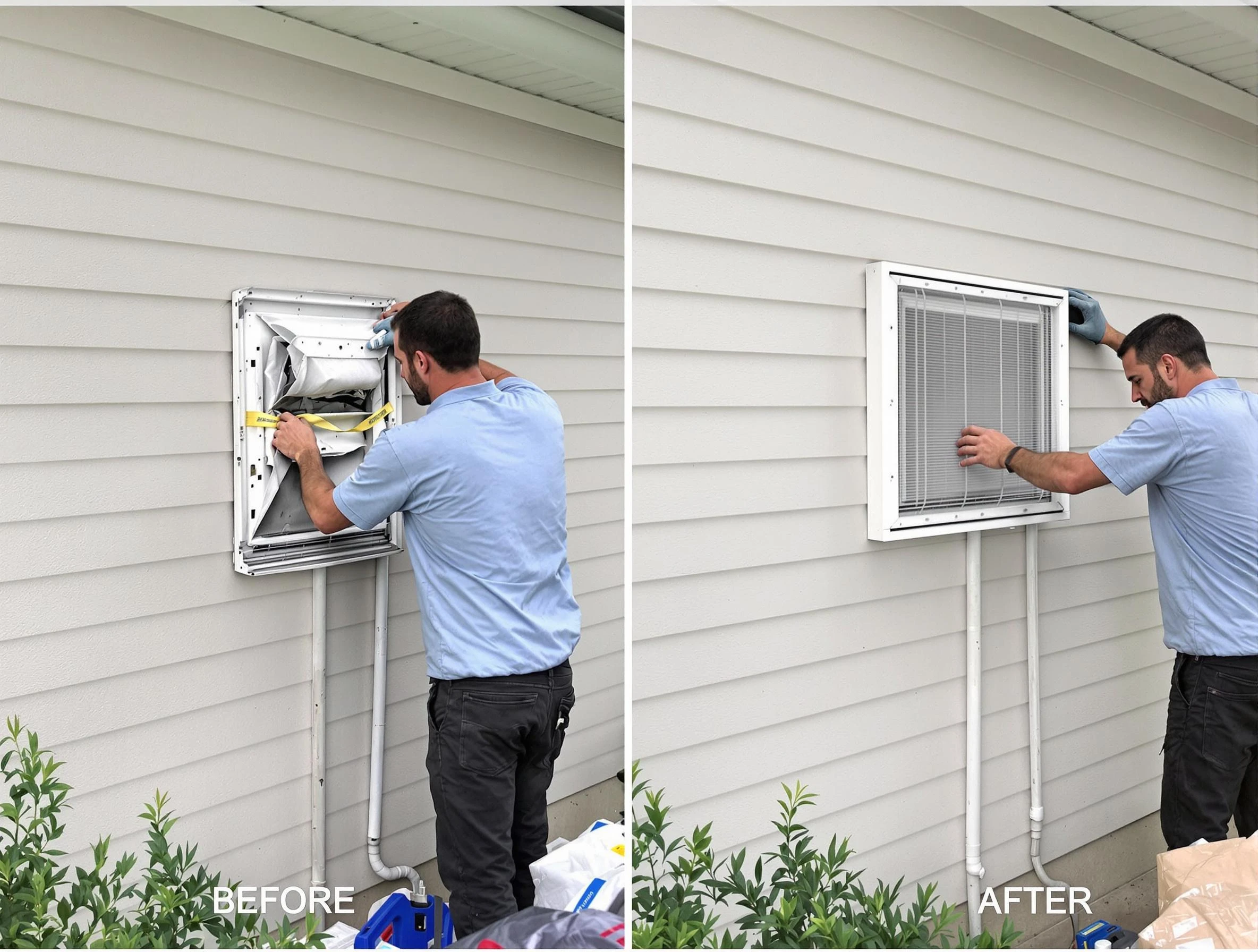 Lake Forest Dryer Vent Cleaning technician installing high-quality dryer vent cover at a residential property in Lake Forest